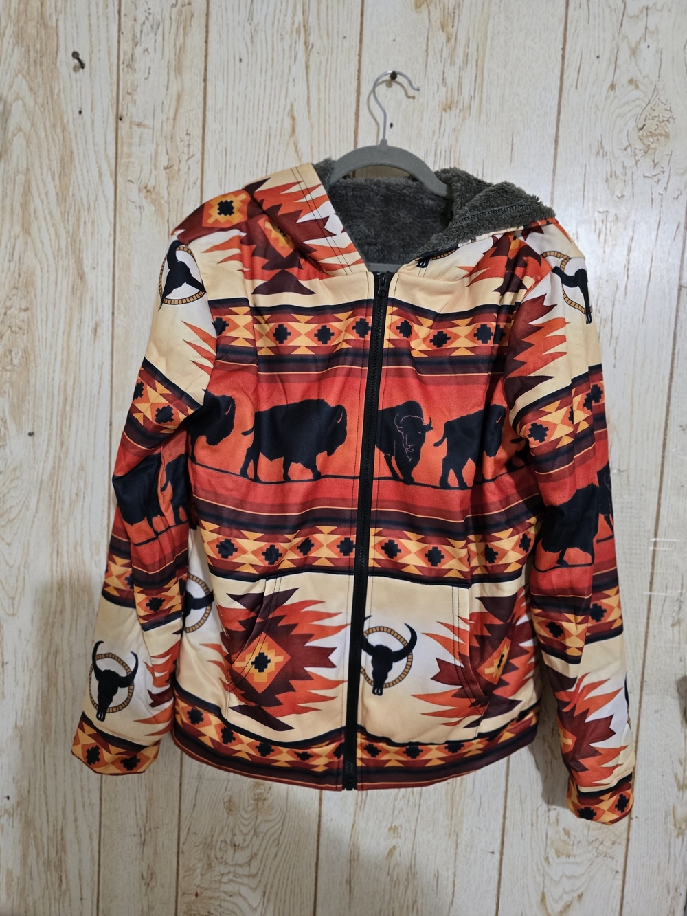Southwestern Aztec Buffalo Print Faux Fur Lined Hooded Jacket Small